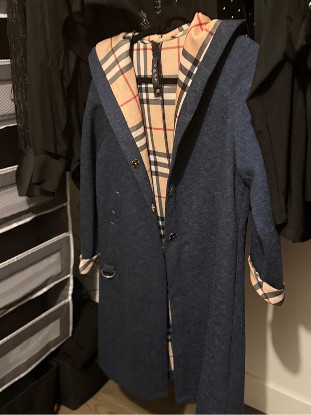 Wool Blend Navy Coat with Plaid Lining